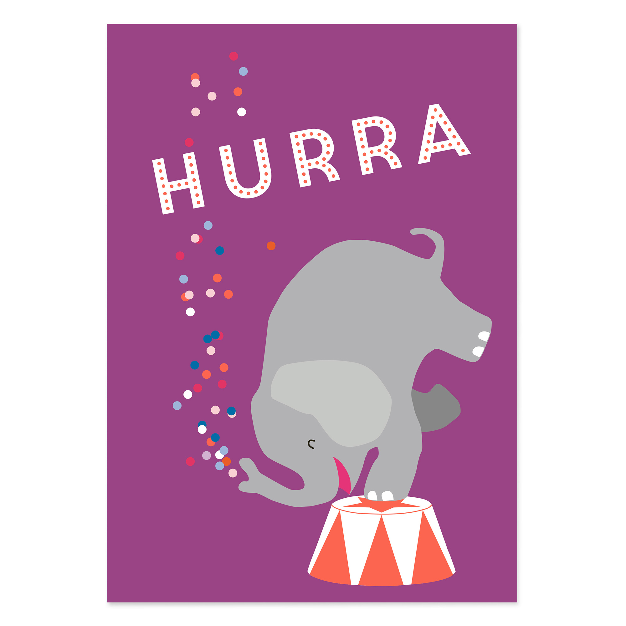 Lila Glückwunschkarte mit dem Schriftzug „Hurra“, einem Elefanten auf einem Zirkuspodest und bunten Konfetti-Punkten
