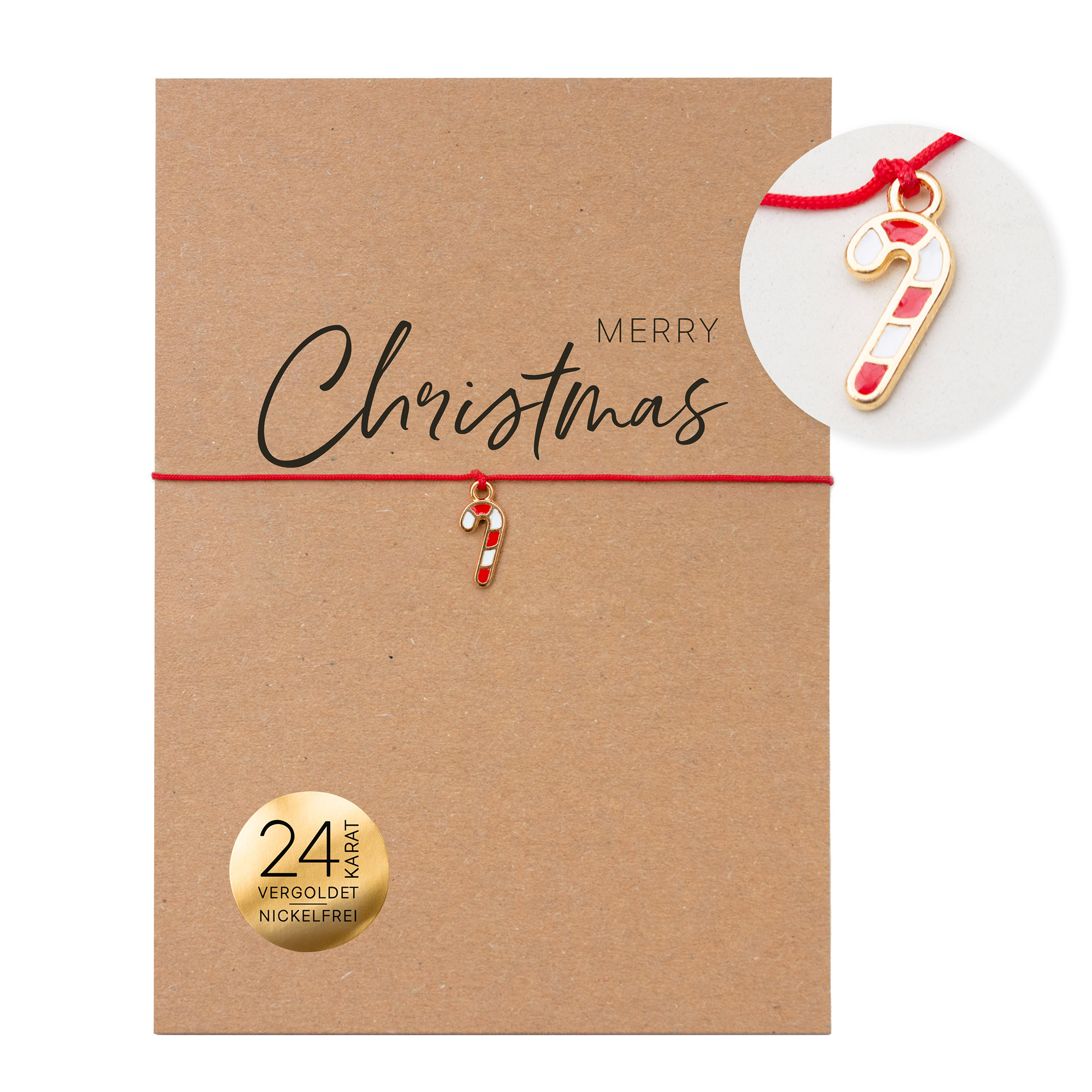 Rotes Weihnachtsarmband mit 24K vergoldeter Zuckerstange auf Karte mit dem Schriftzug „Merry Christmas“ aus 100% Recyclingpapier