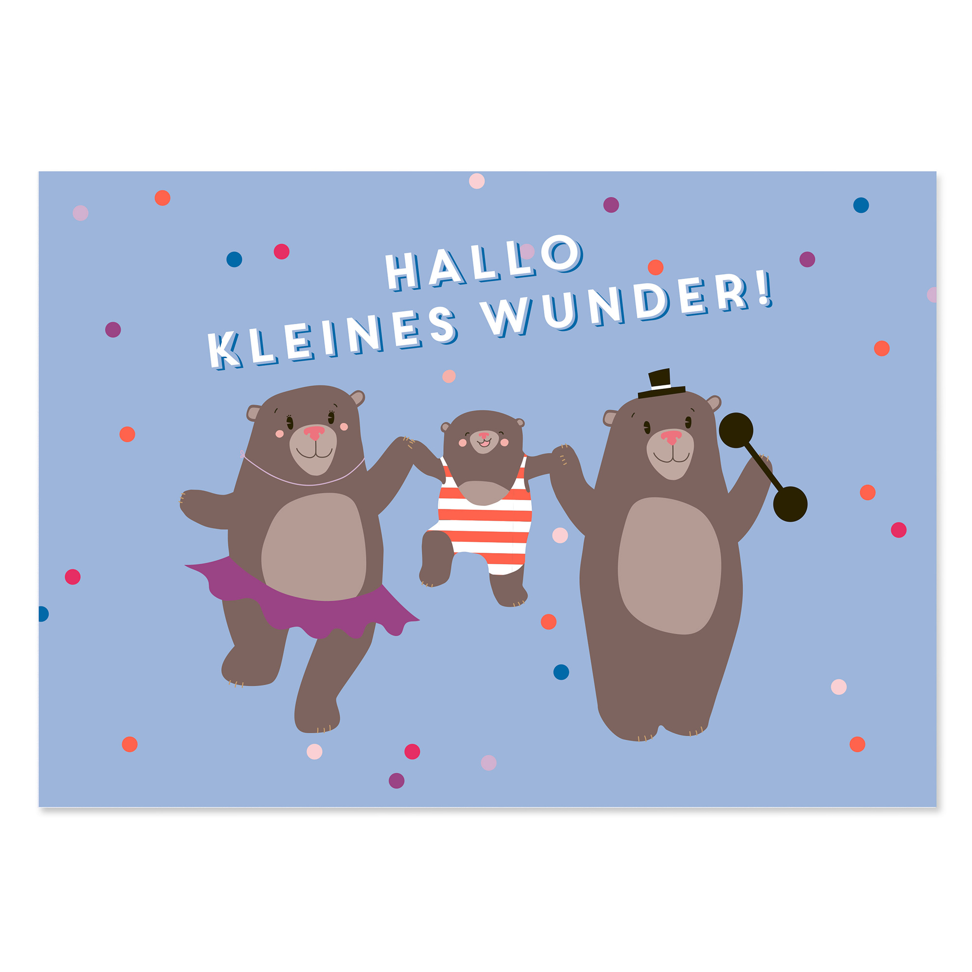 Blaue Karte zur Geburt mit dem Spruch „Hallo kleines Wunder“, drei Bären und bunten Konfetti-Punkten