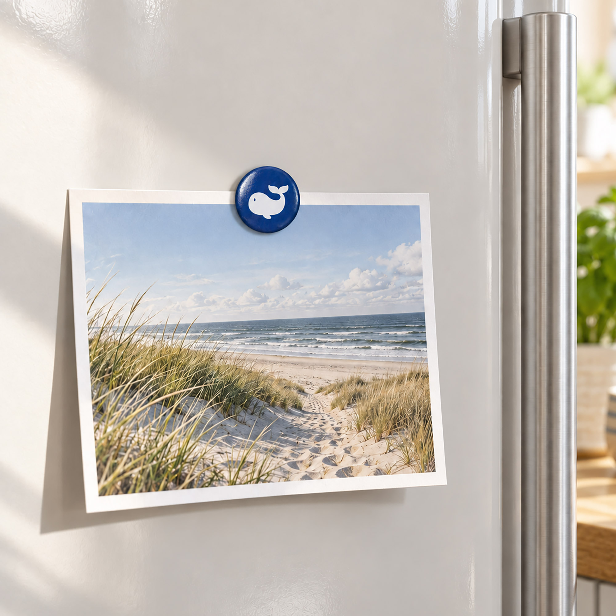 Blauer Kühlschrankmagnet mit weißem Wal hält ein Foto von Strand, Dünen und Meer an einer Kühlschranktür aus Edelstahl.