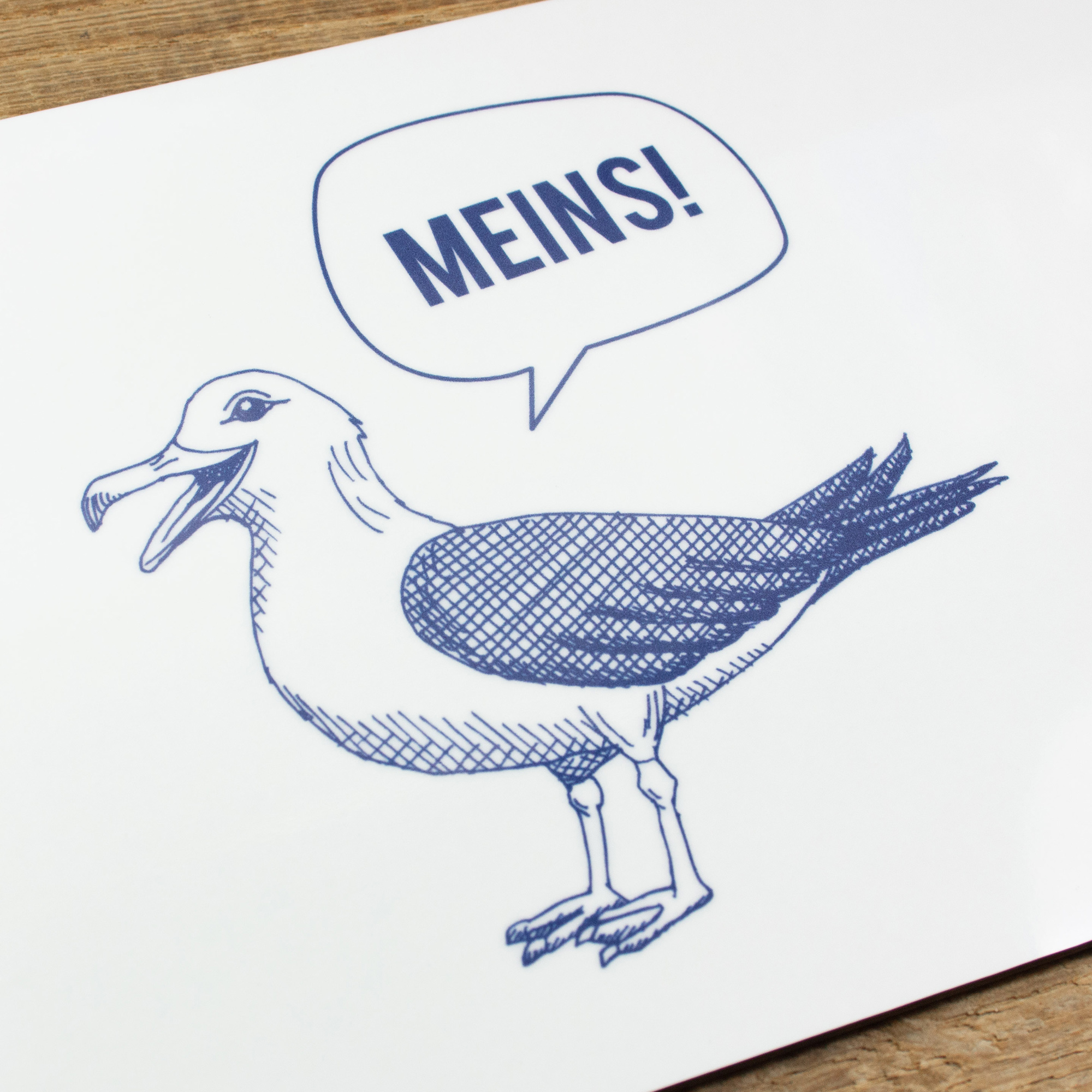 Frühstücksbrettchen Melamin Möwe mit Spruch „Meins!“