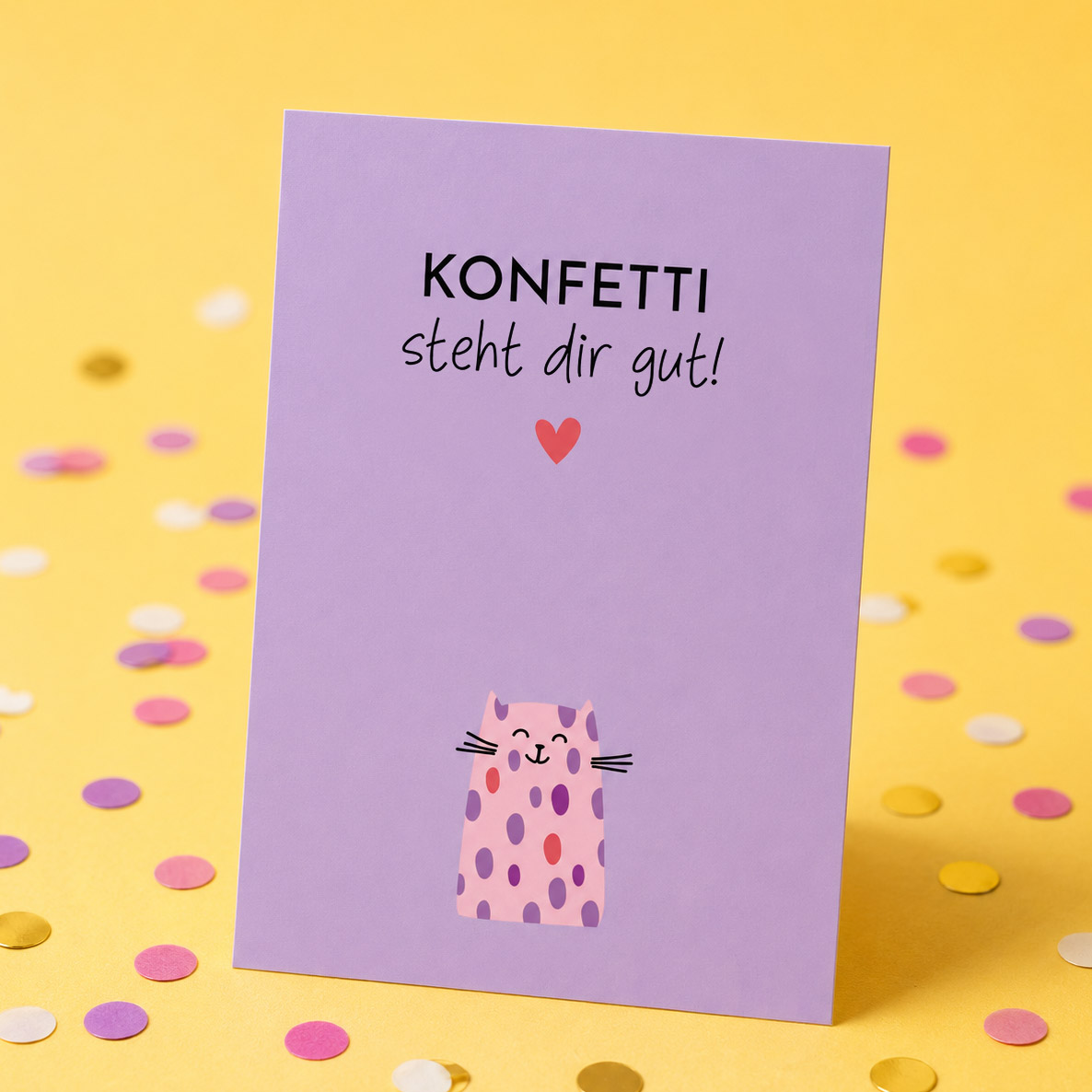 Witzige Geburtstagskarte Katze „Konfetti steht dir gut!“