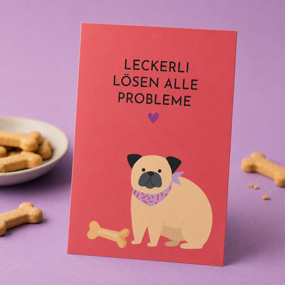 Postkarte mit Spruch Hund "Leckerli lösen alle Probleme"