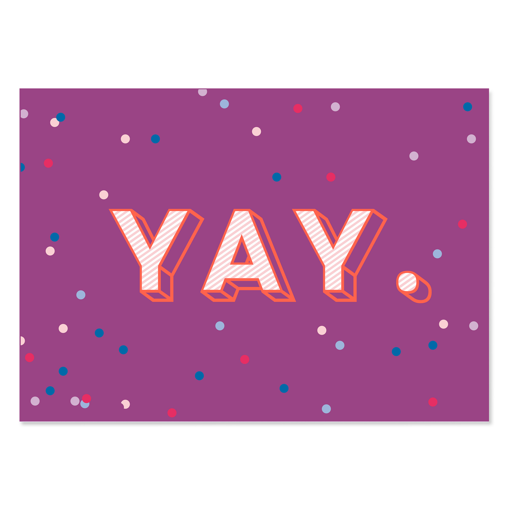 Lila Glückwunschkarte mit großem „YAY.“-Schriftzug und bunten Konfetti-Punkten für Geburtstag, Prüfung oder besondere Erfolge