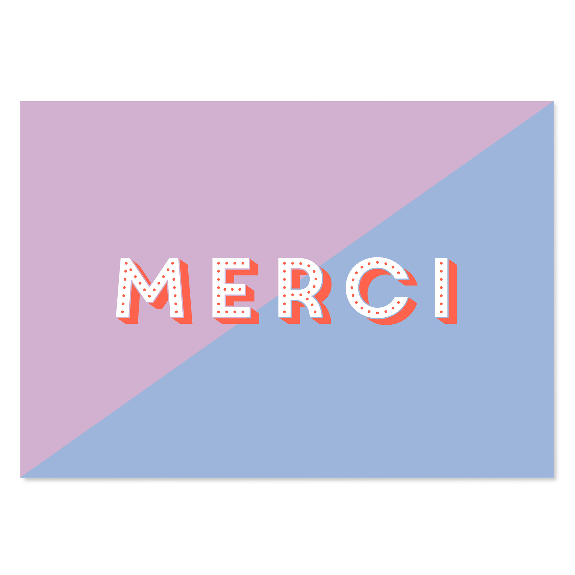 Moderne Dankeskarte mit dem Schriftzug „Merci“ auf blau-lilafarbenem Hintergrund mit orangefarbenen Akzenten