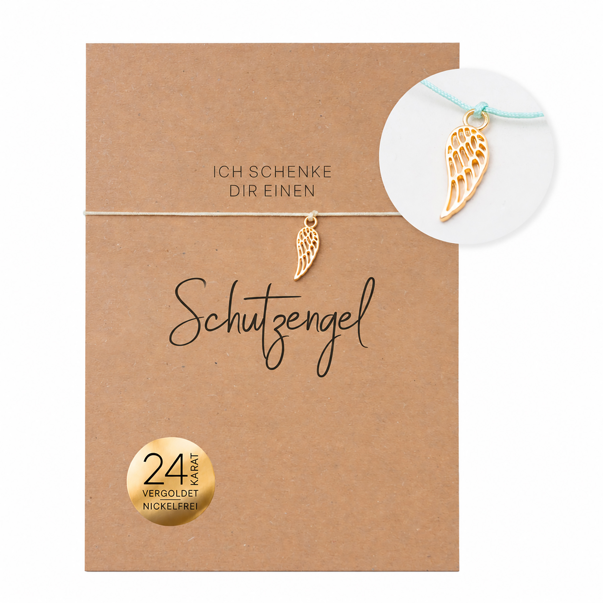 Cremefarbenes Armband mit vergoldetem Engelsflügel auf der Karte „Ich schenke dir einen Schutzengel“, daneben eine Detailansicht mit mintfarbenem Band.