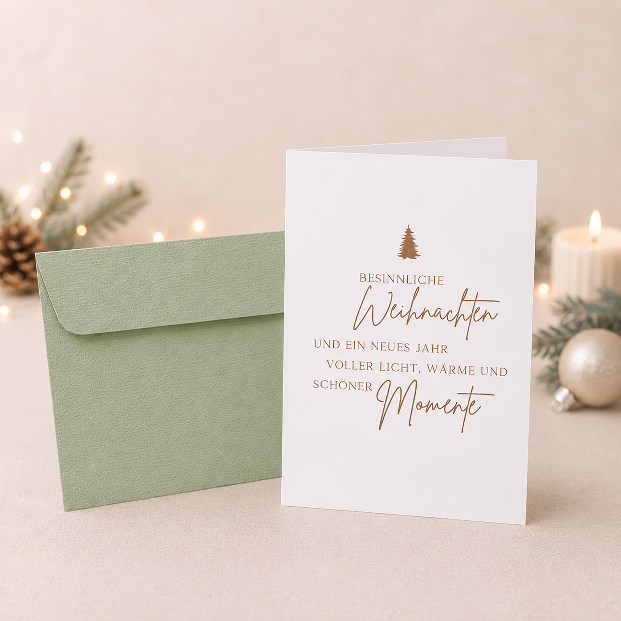 Edle Weihnachtskarte mit Spruch „Besinnliche Weihnachten“ und salbeigrünem Umschlag in festlicher Weihnachtsdekoration