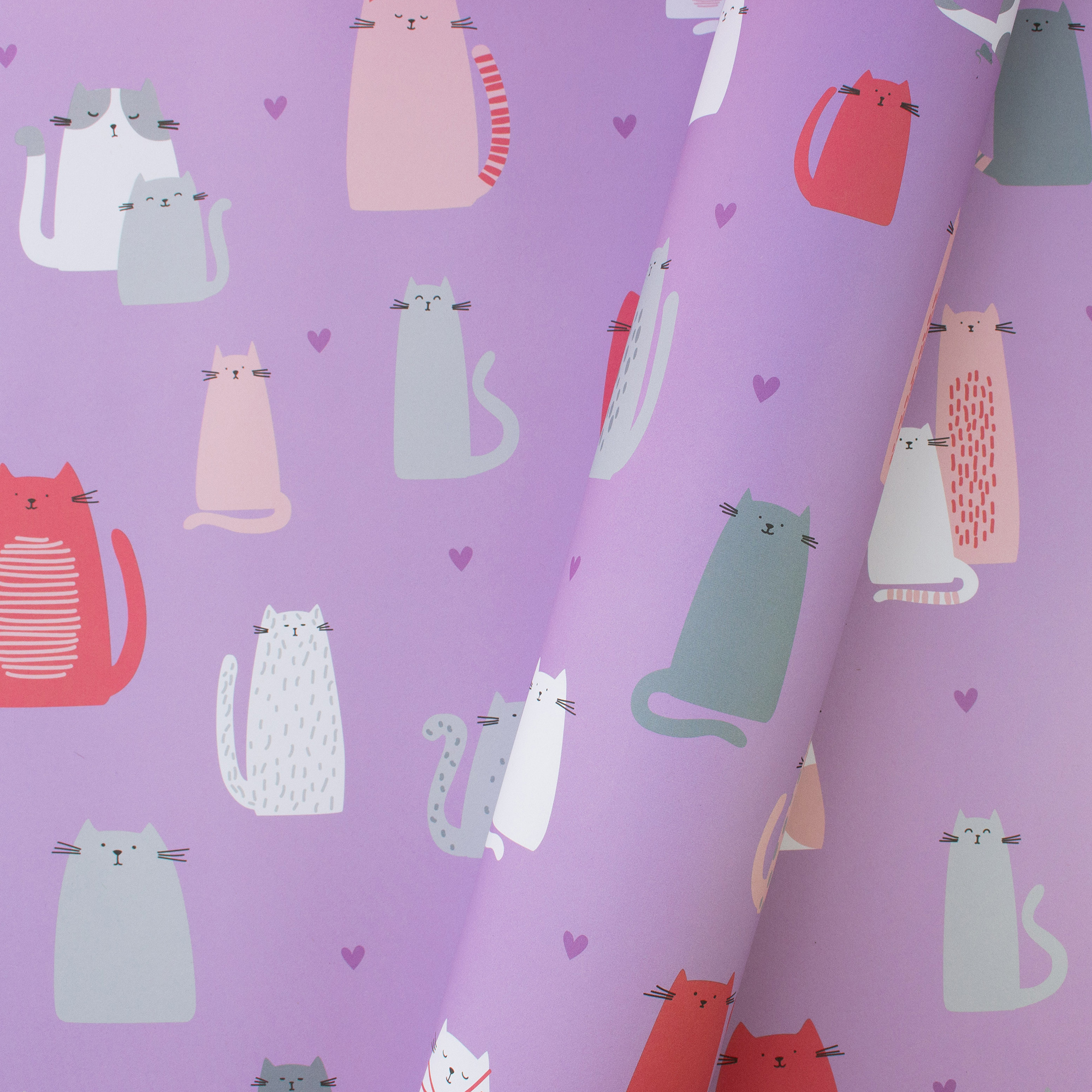 Teilweise eingerolltes Geschenkpapier „Cute Cats“ mit Katzen in Rosa, Korallrot, Grau und Weiß sowie kleinen Herzen auf Flieder.