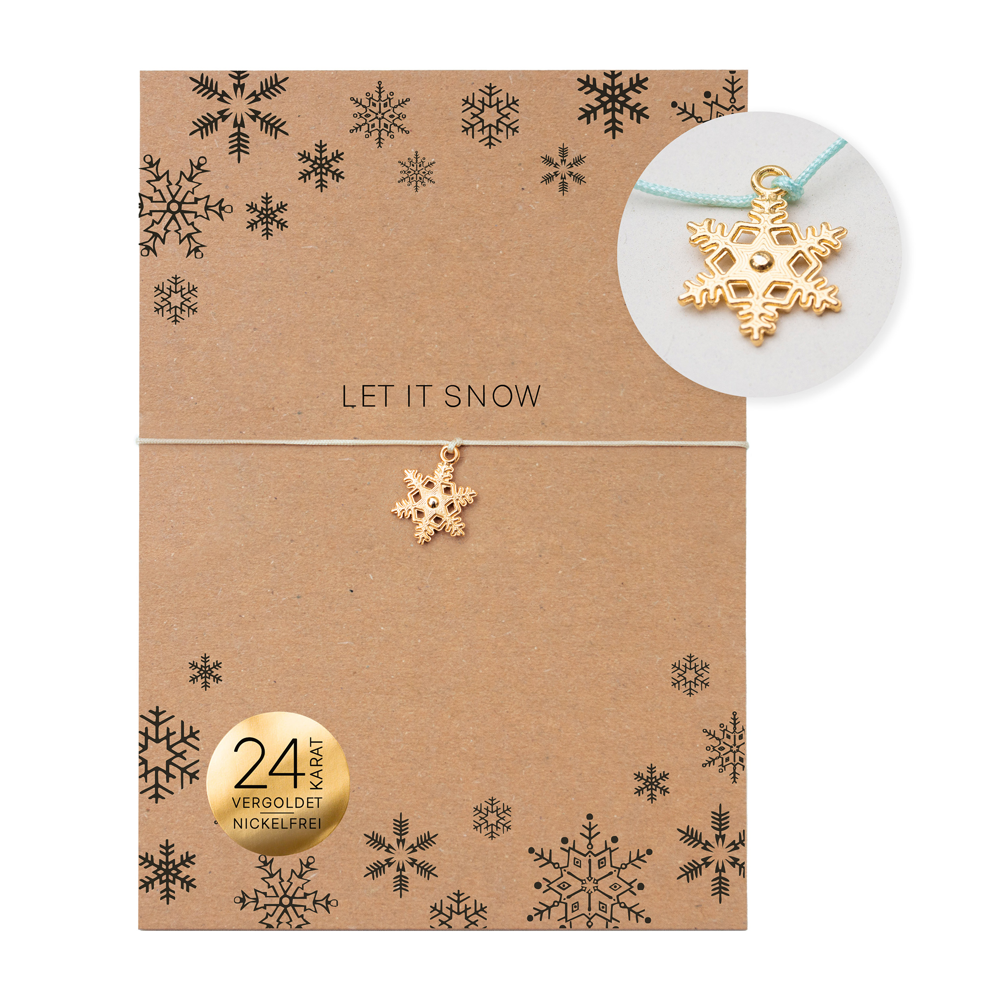 Weihnachtsarmband mit 24 Karat vergoldeter Schneeflocke auf Karte aus Recyclingpapier mit dem Schriftzug „Let it Snow“, erhältlich in Mint oder Creme