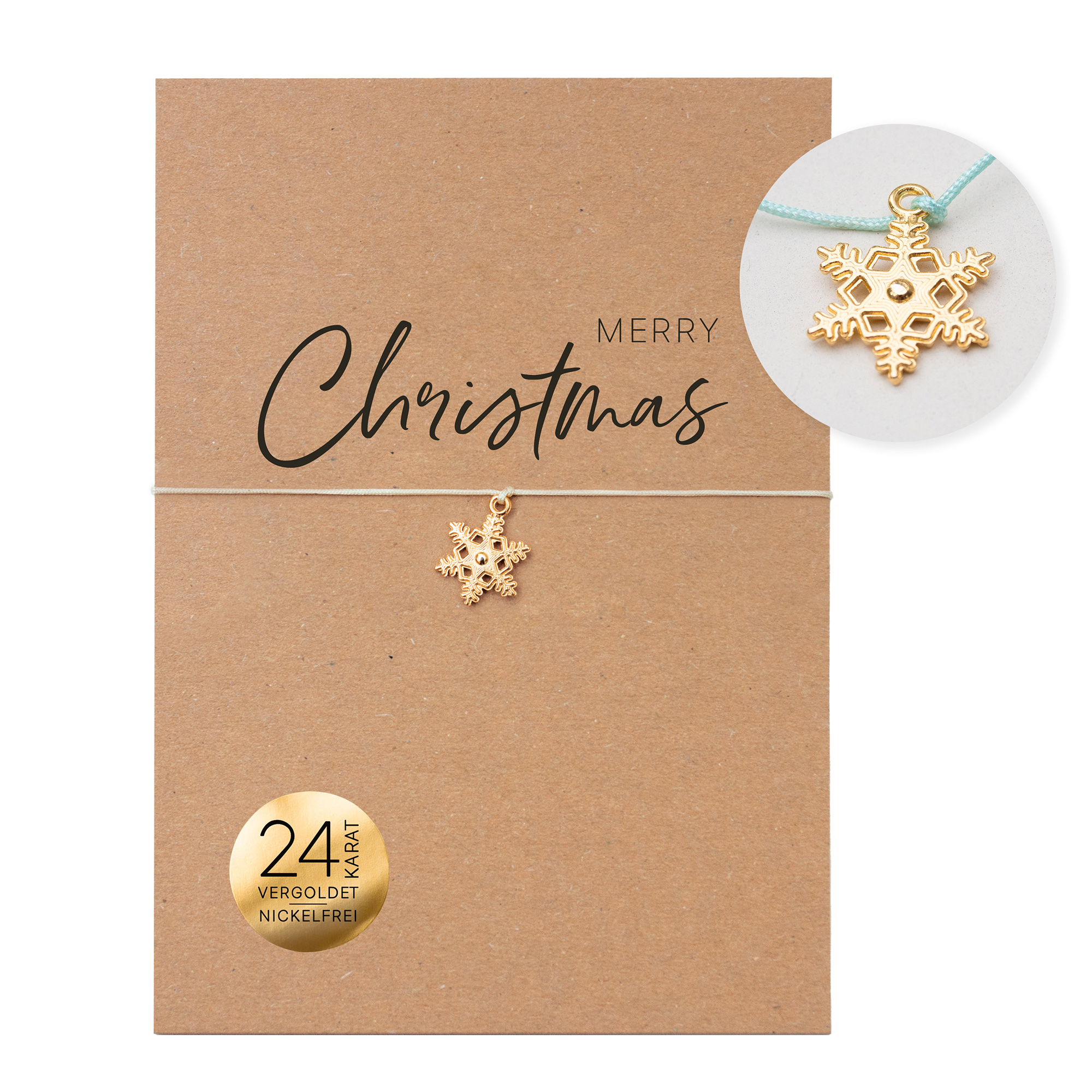 Weihnachtsarmband mit 24 Karat vergoldeter Schneeflocke auf Karte aus Recyclingpapier mit dem Schriftzug „Merry Christmas“, erhältlich in Mint oder Creme