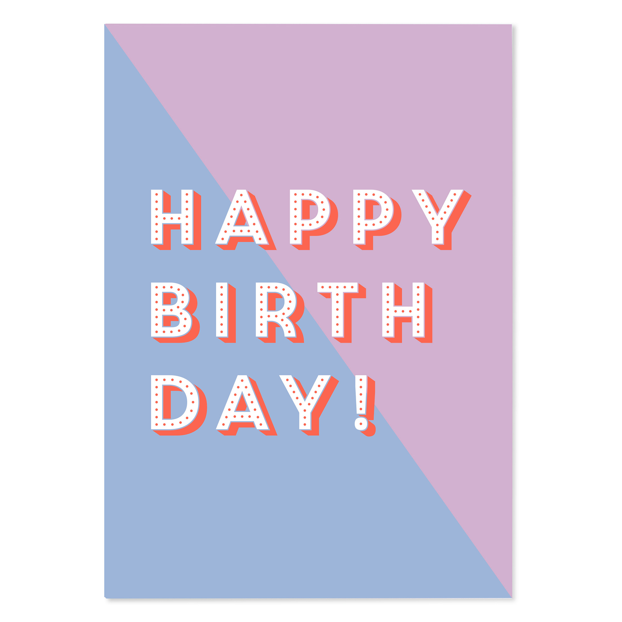 Karte zum Geburtstag mit dem Schriftzug „Happy Birthday“ auf blau-lilafarbenem Hintergrund mit orangefarbenen Akzenten