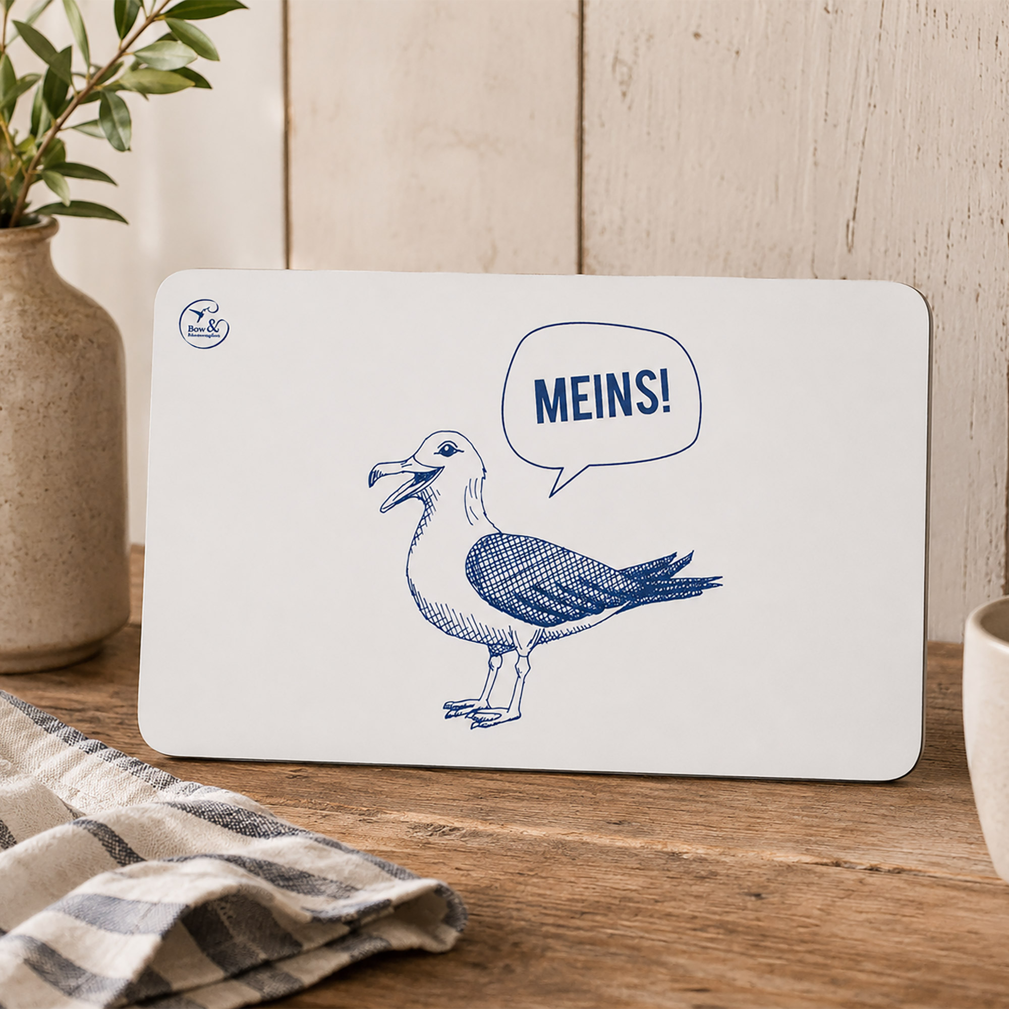 Frühstücksbrettchen Melamin Möwe mit Spruch „Meins!“