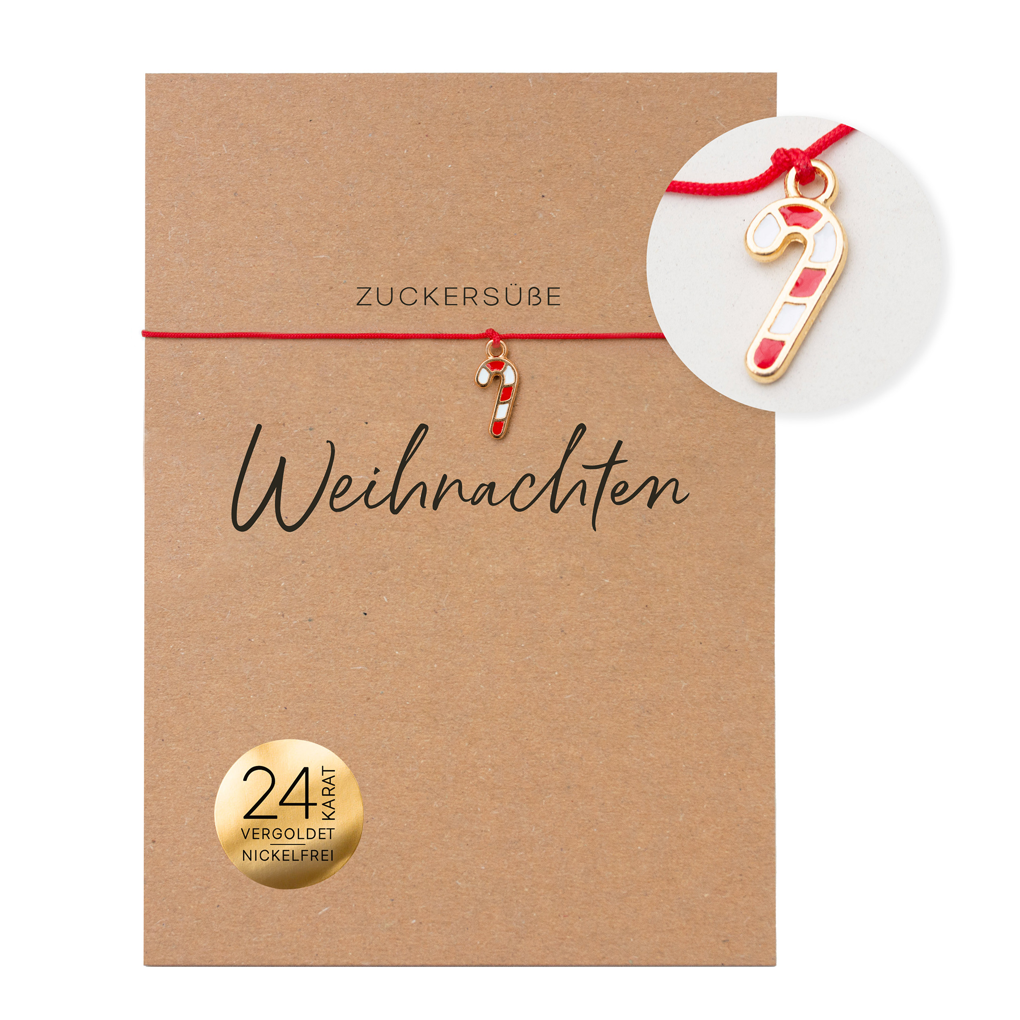 Rotes Weihnachtsarmband mit 24K vergoldeter Zuckerstange auf Karte mit dem Schriftzug „Zuckersüße Weihnachten“ aus 100% Recyclingpapier