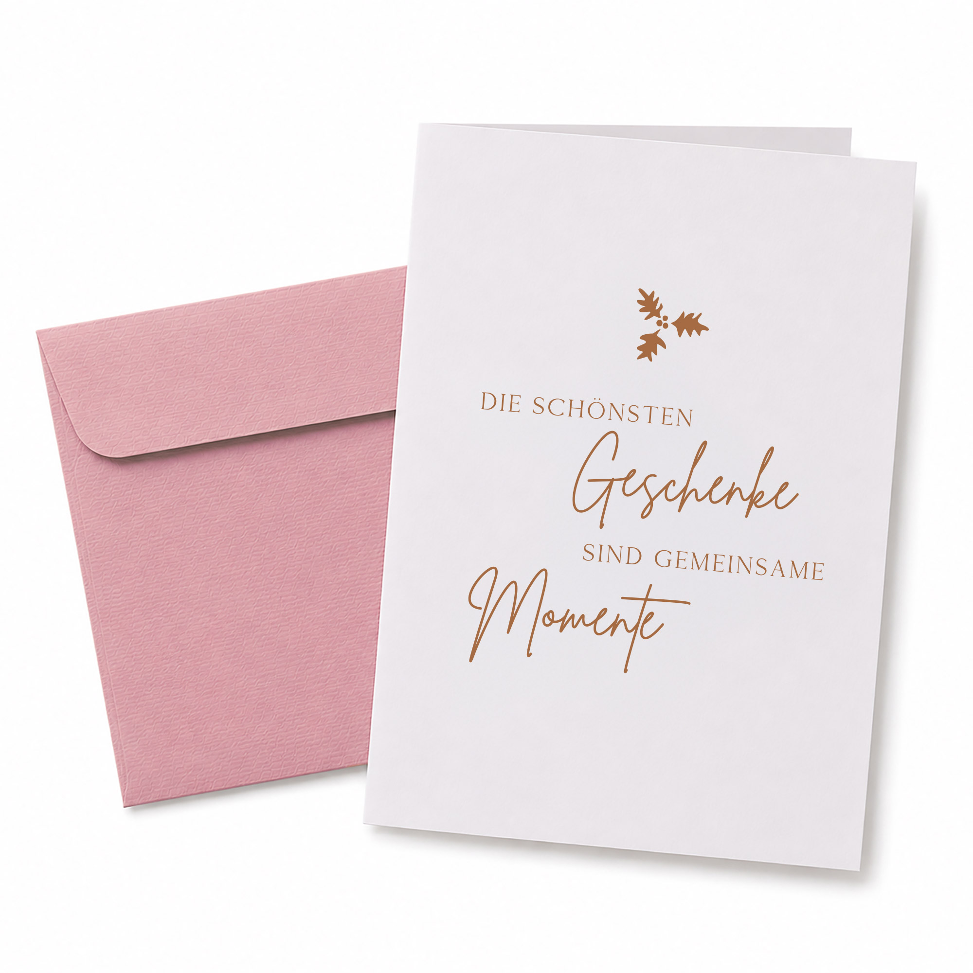 edle Weihnachtskarte mit Spruch „Die schönsten Geschenke sind gemeinsame Momente“, Kupferdruck und rosa Umschlag
